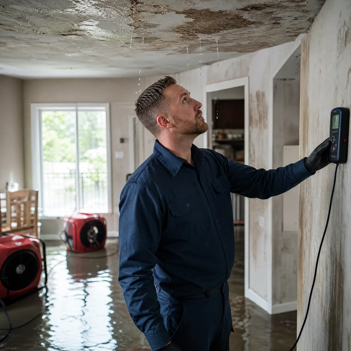 Technician using water extraction equipment in a flooded room